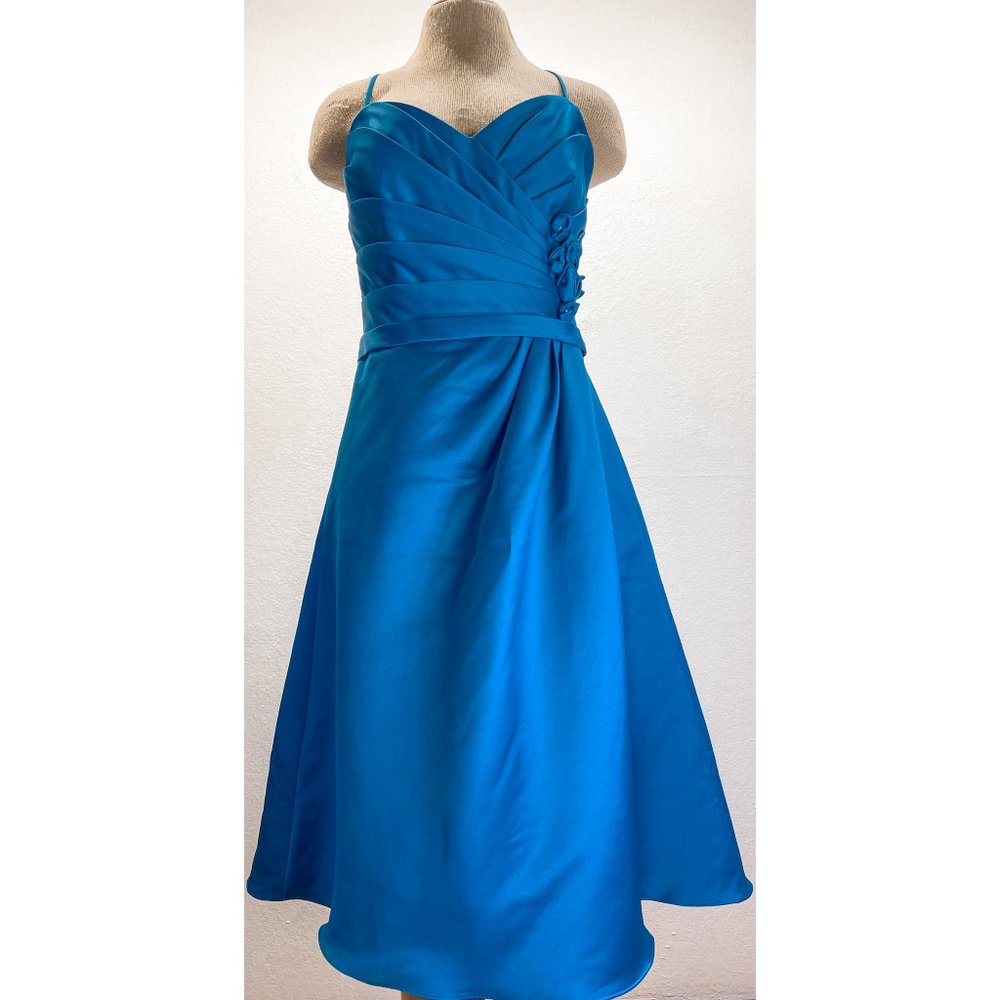 Eden Bridals Maids Midi Cobalt Blue Floral Pleated A-line Strap Dress Sz 10